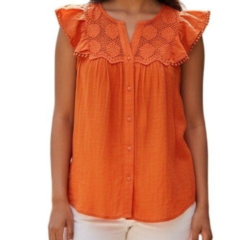 NANETTE LEPORE Citrus Blast Eyelet Flutter Sleeve Starburst Detail Blouse EUC S